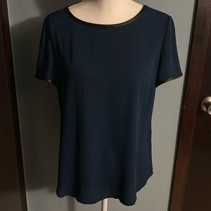 GUC LOFT Blouse Teal with Faux Leather Trim at Collar & on Sleeves Size XSmall